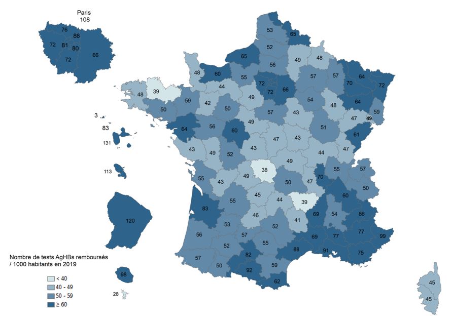 Activité de dépistage de l’Ag HBs (tests / 1 000 habitants), par département, France, 2019 (tous régimes)